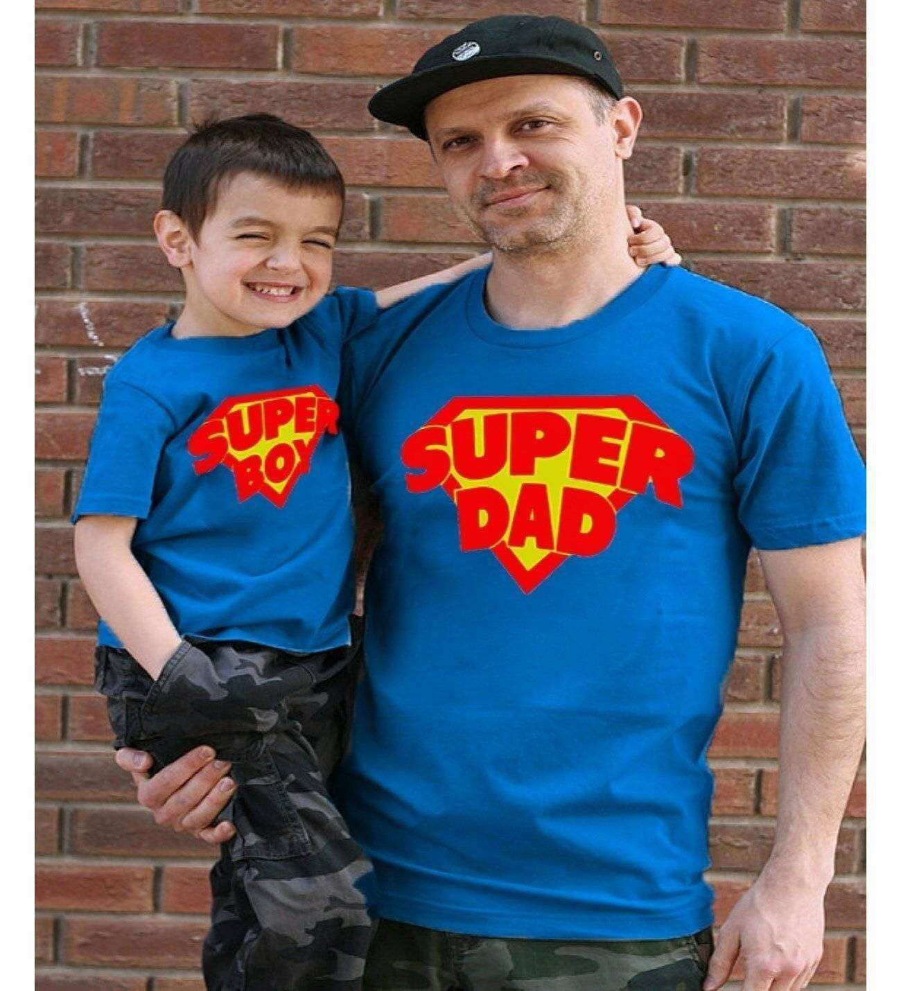 Tshirthane - Süper Dad, Süper Boy Baba Oğul Tshirt Mavi Tişört